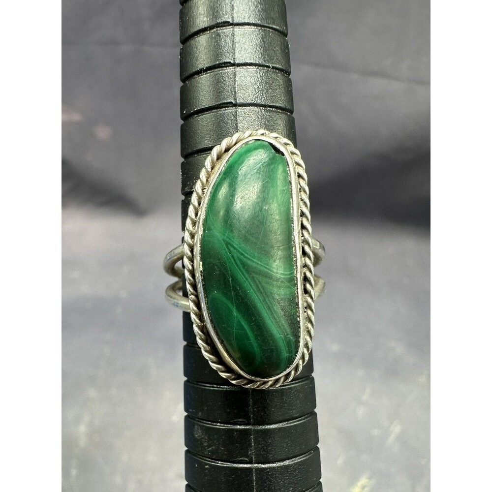 Malachite Sterling Rope / Twist Bale Design Ring Stamped